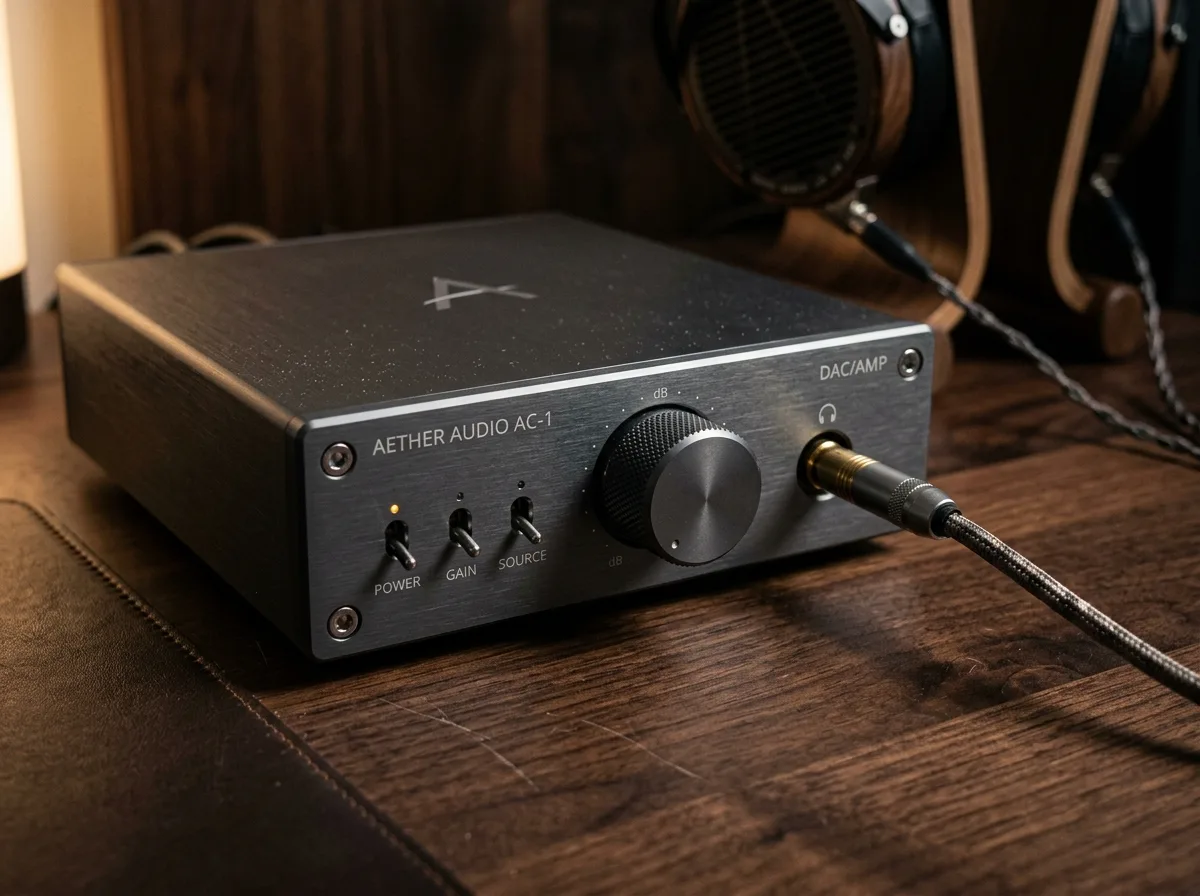 Desktop DAC and headphone amplifier on a desk