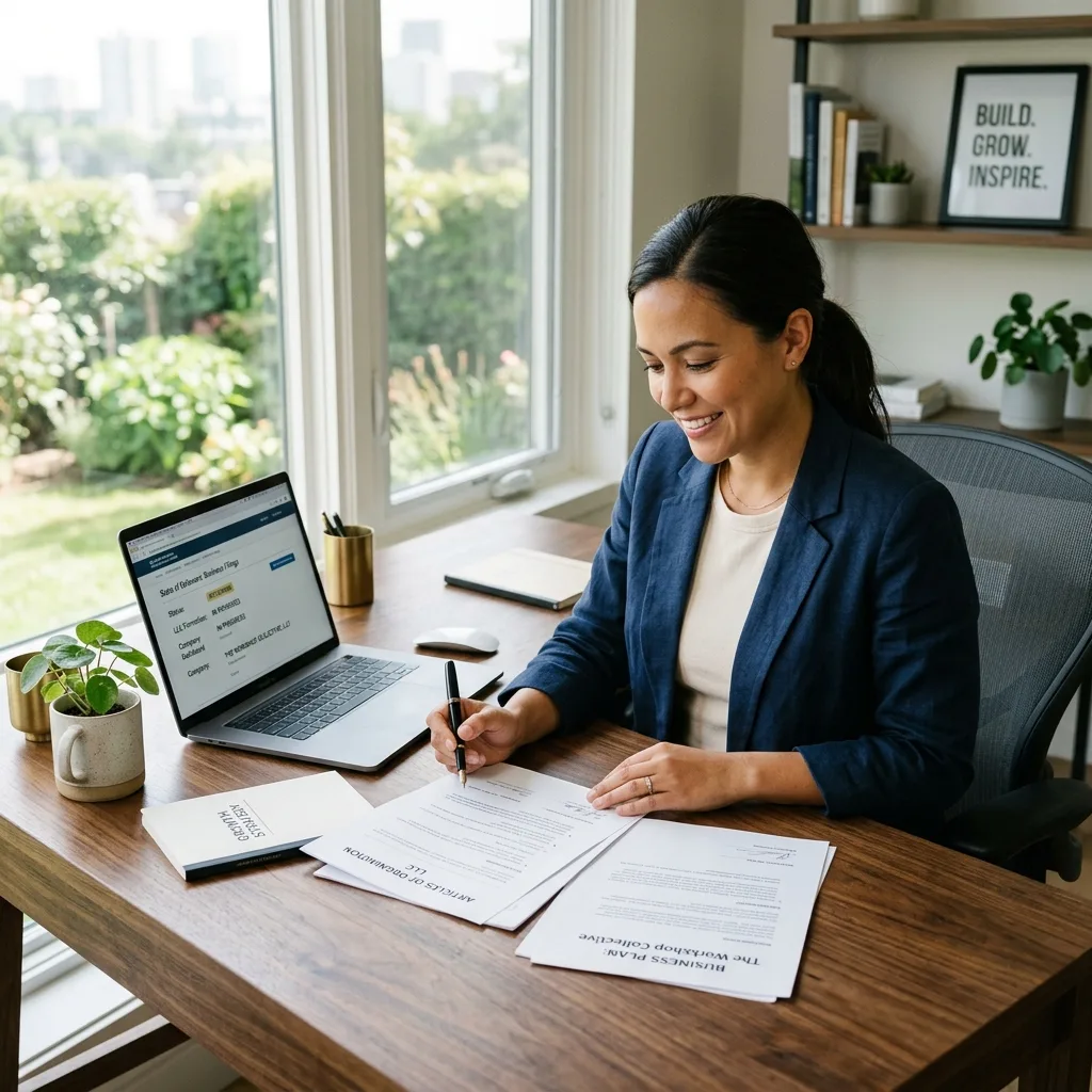 Entrepreneur reviewing LLC formation documents at home office desk with laptop showing filing status