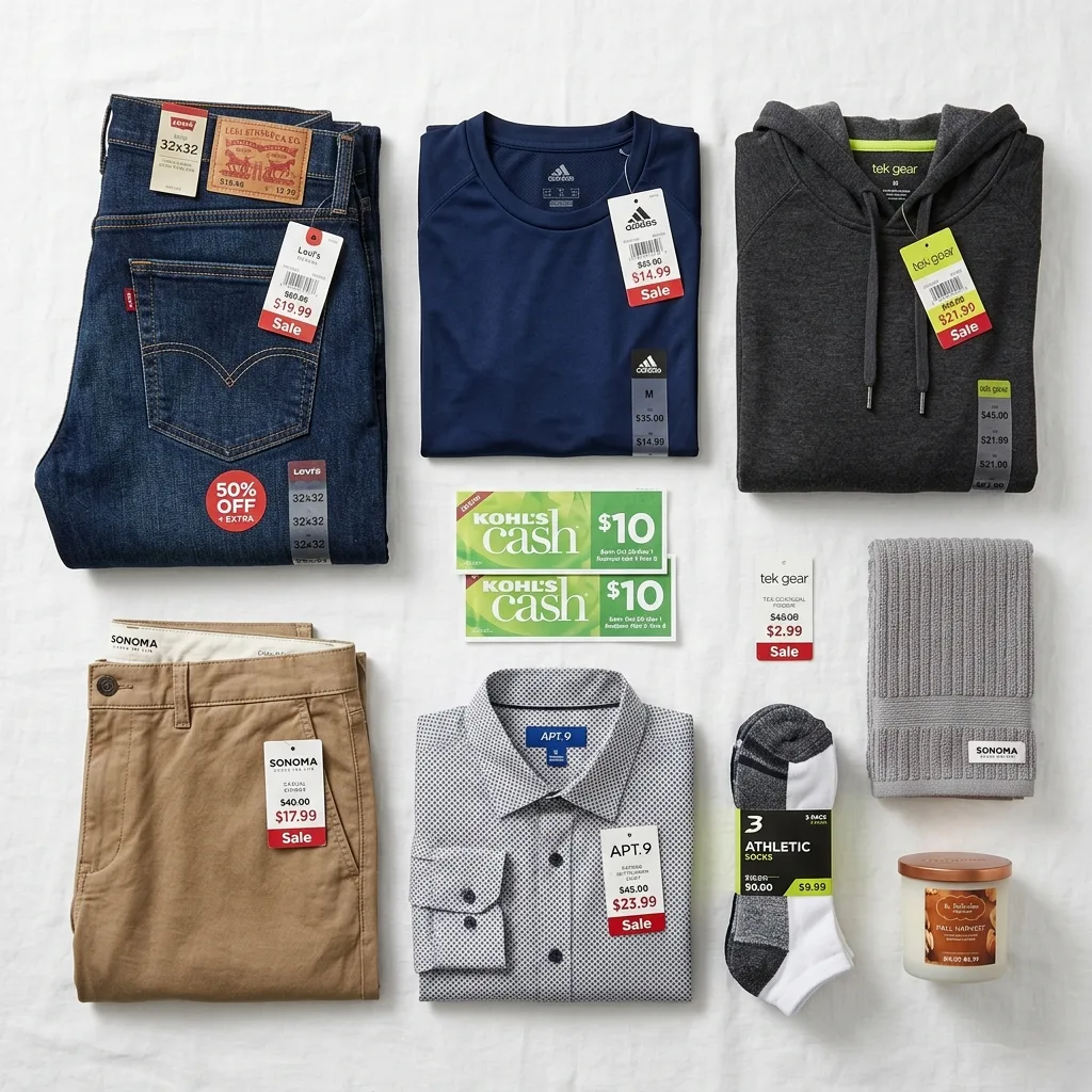 Kohl's Cash reward certificates alongside discounted clothing items including Levi's jeans, Adidas activewear, and Tek Gear basics