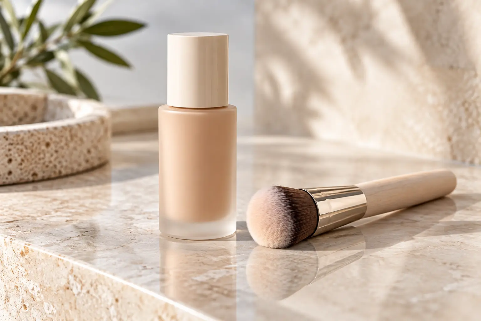 A lightweight skin tint bottle beside a mirror and a small makeup brush for combination skin routines